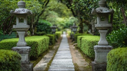 Deserted garden pathway with stone lanterns and manicured hedges, in a peaceful setting.
