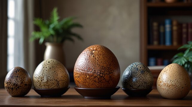 Dinosaur eggs on a classic desk setup, symbolizing growth with a touch of fantasy