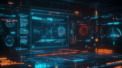 Fototapeta premium Futuristic command center with glowing blue and orange HUD screens displaying complex data in a dark server room.