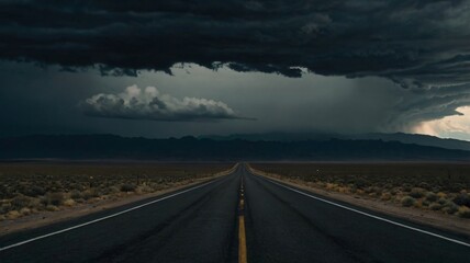 Naklejka premium A dark storm approaches along a deserted highway in the desert landscape during late afternoon