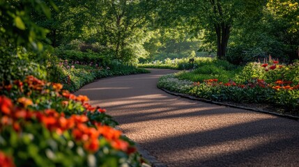Obraz premium Empty, curved walkway through a peaceful arboretum, surrounded by trees and flowers.