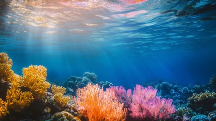 Naklejka premium Underwater view of vibrant coral reef with sunlight rays shining through the water.
