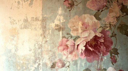 Faded floral wallpaper with peeling edges, ideal for a vintage and timeworn aesthetic.