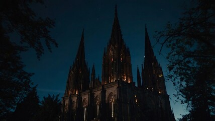 Fototapeta premium Cathedral illuminated at night in showcasing its gothic architecture and spires against a dark sky