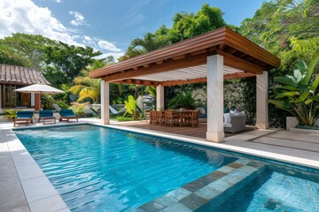 Stylish modern wooden gazebo with awning, poolside at a bungalow house, surrounded by lush greenery, tropical setting, blue water, beige wood floor, white ceiling, palm trees, green plants,