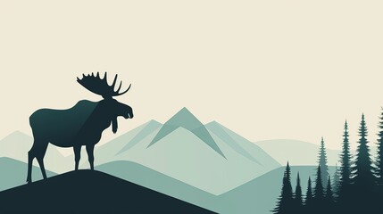 Moose with antlers against a serene background, minimalistic style, clear and simple design, 2D vector illustration, muted colors