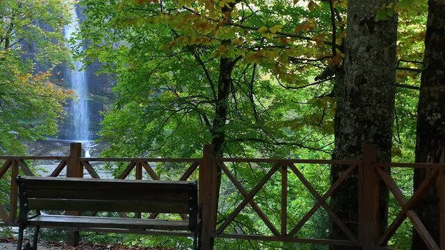 Romantic Autumn Season, Bench in the Suuctu Waterfall Park Drone Video, Mustafakemalpasa Bursa, Turkiye (Turkey)