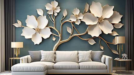 Photo 3d wallpaper for wall mural tree with golden stem and flowers abstract floral background