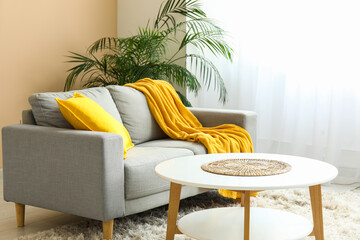 Beautiful interior of living room with comfortable sofa, coffee table and yellow plaid