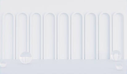 Geometric plinth with simple background and columns. Abstract studio room. Simple scene for cosmetic products, promotion, display, 3D rendering.