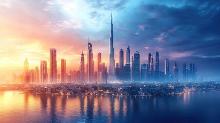 Naklejka premium A futuristic city skyline merging with elements of the past showcasing buildings from ancient architecture intertwined with high-tech skyscrapers. The scene has a surreal balance of both eras