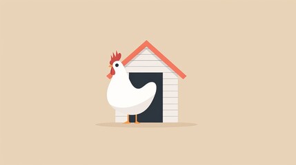A single chicken in a coop, minimalist design, clean lines, 2D vector illustration, simple color palette