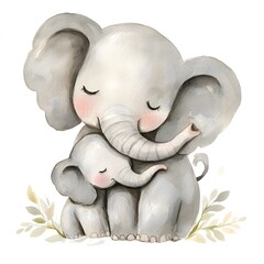 A mother elephant cuddling her baby in a sweet watercolor painting on a white background.