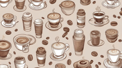 Seamless Pattern of Hand-Drawn Coffee Cups and Coffee Beans on Beige Background
