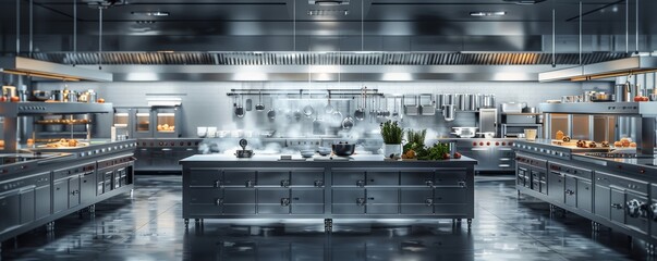 Modern Industrial Kitchen with Stainless Steel Appliances and Central Island in Professional Culinary Setting