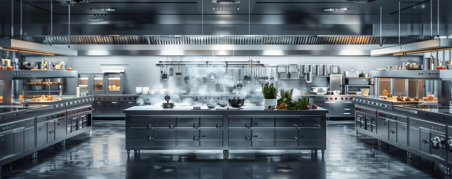 Modern Industrial Kitchen with Stainless Steel Appliances and Central Island in Professional Culinary Setting