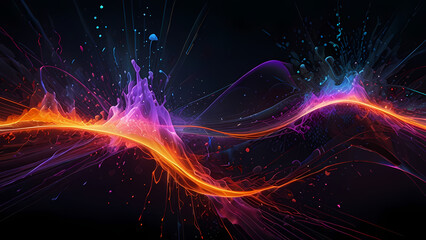 abstract background depicting the energy of chemical reactions, with neon-colored particles colliding and creating waves of energy across a dark, fluid backdrop