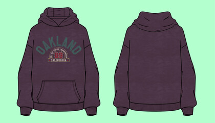  Varsity college league graphic Oakland California Ladies oversized drop shoulder acid wash winter terry fleece urban hoodie flat sketch outline vector fashion illustration template. © MdAbir
