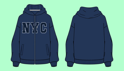 Varsity college graphic NYC Ladies oversized drop shoulder zip through winter navy colour terry fleece urban hoodie flat sketch outline vector fashion illustration template. © MdAbir
