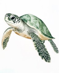 Obraz premium Cute watercolor sea turtle in soft green and beige colors for kids' rooms.