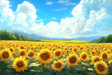Obraz premium Sun-Kissed Enchantment: Anime-Style Sojourn Through a Golden Sunflower Field, Perfect for Seasonal Travel Posters and Summertime Wonder,anime-style,illustration,Picture BooksFor Poster,Novel,UI,WEB,Ga