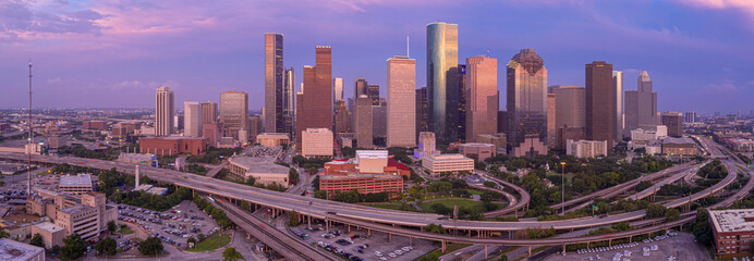 The Interstate I45 freeway and skyscrapers in downtown Houston at sunset, Texas, United States of...
