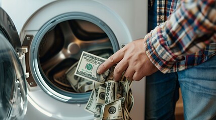 Man's hand putting money in washing machine, funny money laundering concept.