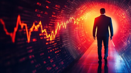 Fototapeta premium Brave Businessman Confronting Financial Crisis in Dark Tunnel - Stock Market Collapse Flat Design Illustration