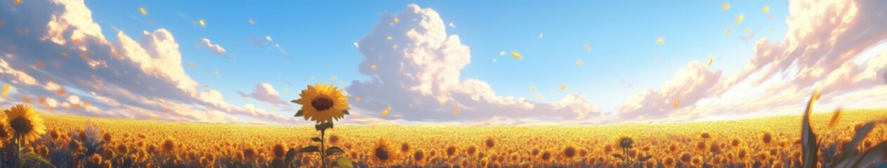 Sun-Kissed Enchantment: Anime-Style Sojourn Through a Golden Sunflower Field, Perfect for Seasonal Travel Posters and Summertime Wonder,anime-style,illustration,Picture BooksFor Poster,Novel,UI,WEB,Ga