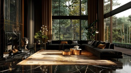 Fototapeta premium Luxurious Modern Living Room with Floor-to-Ceiling Windows Overlooking a Forested Landscape