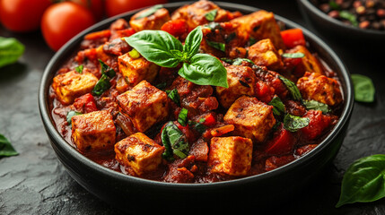 mapo tofu, showcasing the vibrant colors of the dish with a blank space on the side for text or design, inviting customization
