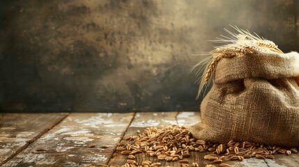 A burlap sack with wheat stalks emerging from the top sits on a rustic wooden table with wheat kernels scattered around it.