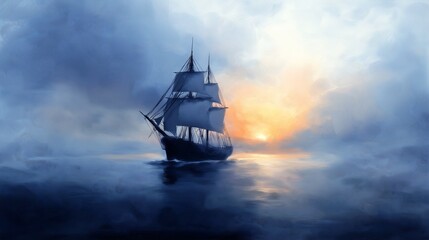 sailboat sailing sunset blurred dreamy illustration blue color about road freedom overcast dreaming faraway place deep surrounds ship