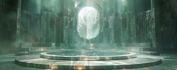 Mystical Ancient Temple Interior with Glowing Portal and Reflective Pool in Ethereal Light