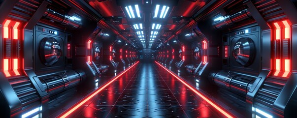 Obraz premium Futuristic Sci-Fi Corridor with Neon Lights and High-Tech Design in a Space Station or Spaceship Interior