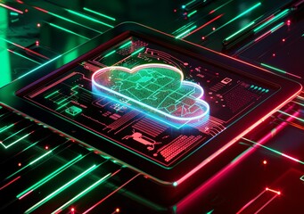 Futuristic Cloud Computing Concept with Neon Lights and Digital Interface on Tablet