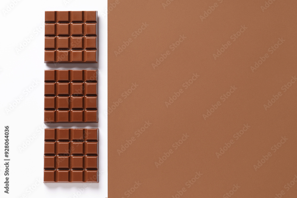 Sticker composition with tasty chocolate bars on color background