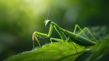 Close-Up of a Praying Mantis on a Leaf with a Blurred Green Background in Natural Light