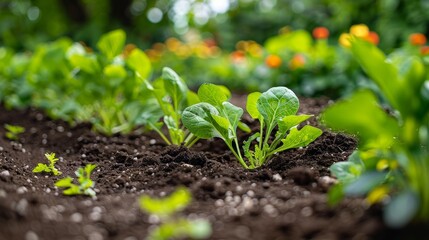 Fresh Green Vegetables Growing in a Garden with Rich Soil and Vibrant Flowers in the Background