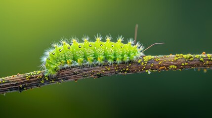 Bright Green Caterpillar on a Branch with Blurred Green Background in Nature Macro Photography