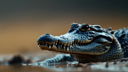 Fototapeta premium Close-Up of a Crocodile Resting in Shallow Water with Detailed Skin Texture and Sharp Teeth