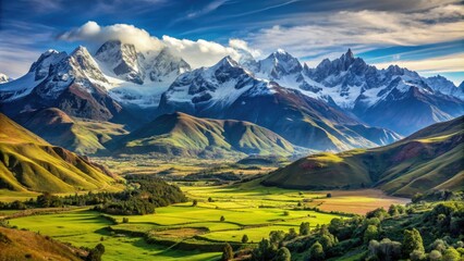 Majestic Andes mountain range with snow-capped peaks and lush green valleys, mountains, South America, landscape, scenery
