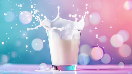 Splashing Milk in a Glass with Colorful Bokeh Background - High-Speed Photography Capturing Dynamic Liquid Motion