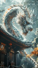 Fototapeta premium Majestic Dragon Overlooking Traditional Asian Temple in Mystical Forest Setting