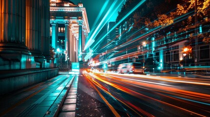 Fototapeta premium Vibrant Night Cityscape with Light Trails from Fast-Moving Traffic in Urban Downtown