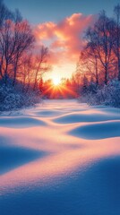 Naklejka premium Winter sunrise, snow-covered fields, flat design illustration