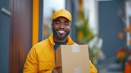 A happy delivery man with a parcel ready for delivery is shown wearing a uniform and cap.