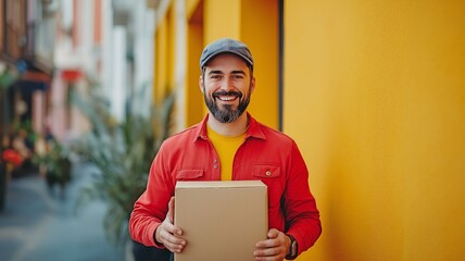 A happy delivery man with a parcel ready for delivery is shown wearing a uniform and cap.