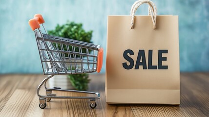 A minimalist composition featuring a shopping cart and a brown paper bag labeled with a bold 