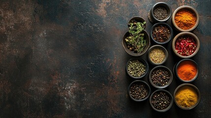 Top view of traditional Indian spices arranged in small bowls on a rustic table, with space for text on the side.